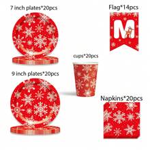 94pcs/Set Red Snowflake Christmas Themed Party Tableware Set, Including 9inch/7inch Paper Plates, Dessert Plates, Paper Cups, Napkins And Banner, Merry Christmas,