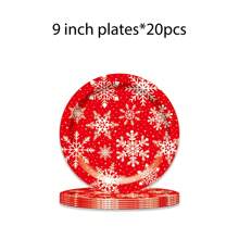 94pcs/Set Red Snowflake Christmas Themed Party Tableware Set, Including 9inch/7inch Paper Plates, Dessert Plates, Paper Cups, Napkins And Banner, Merry Christmas,