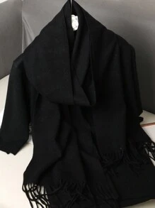 1条女士亮黄色纯色羊绒围巾，带流苏，尺寸30*180厘米，柔软披肩，适合春、夏、秋、冬四季，沙滩、度假、配饰、旅行必备 - 黑色 - 查看 2