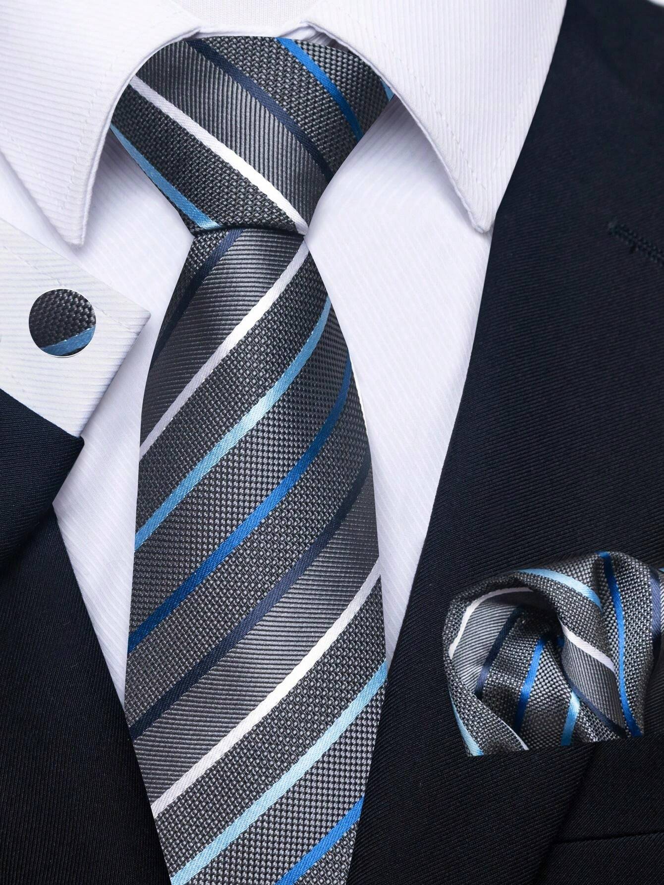 AlanKing 1set Gray Striped Tie, Handkerchief And Cufflinks Set, Formal