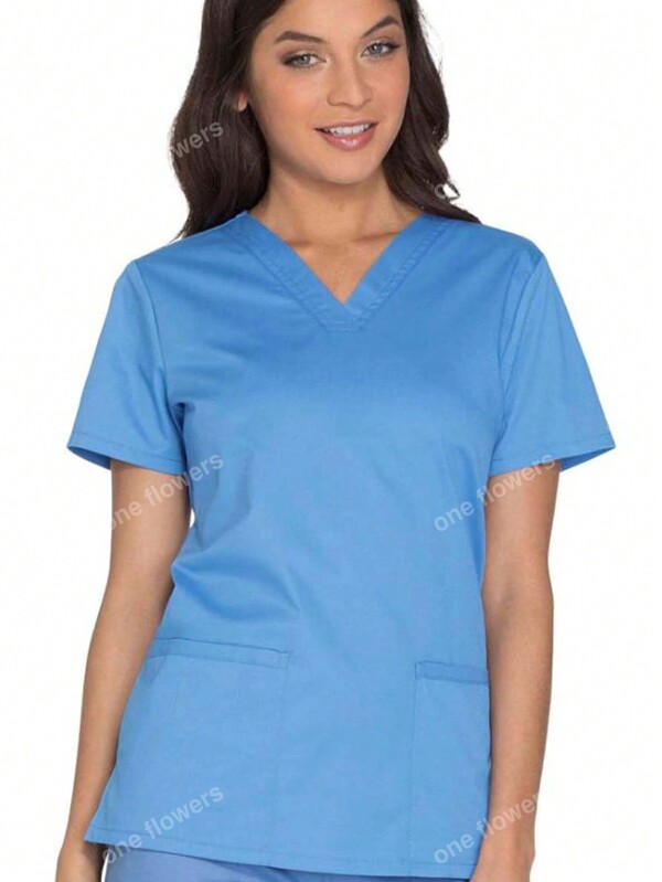 Blusa de trabajo informal con cuello en V y manga corta, uniforme de scrubs mate para mujeres