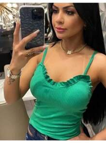 Cailin Store Women's Blouse Tank Top Ruffles Ribbed With Pad Basic Assorted Fashion Super Shipping!! - xanh quân đội - Xem 4