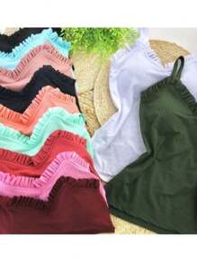Cailin Store Women's Blouse Tank Top Ruffles Ribbed With Pad Basic Assorted Fashion Super Shipping!! - xanh quân đội - Xem 2