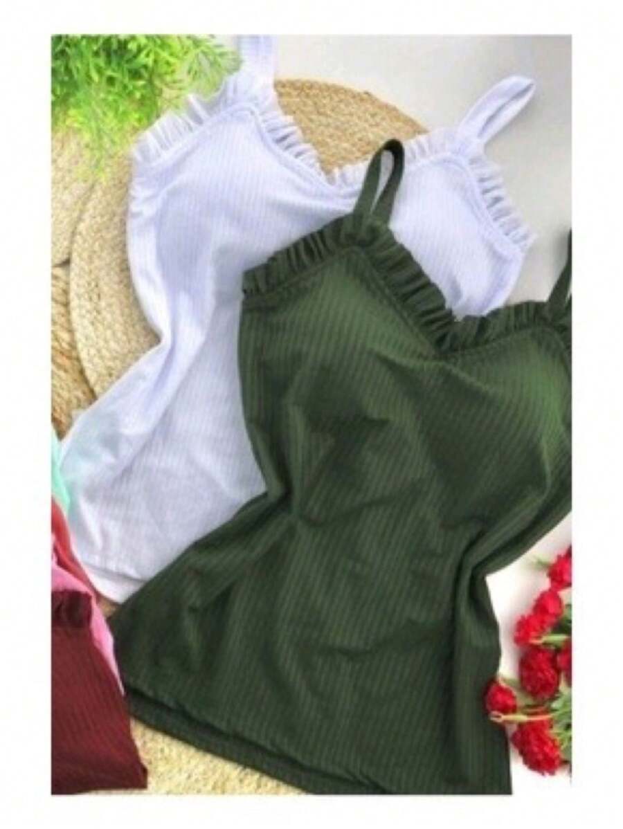 Cailin Store Women's Blouse Tank Top Ruffles Ribbed With Pad Basic Assorted Fashion Super Shipping!! - xanh quân đội - Xem 1