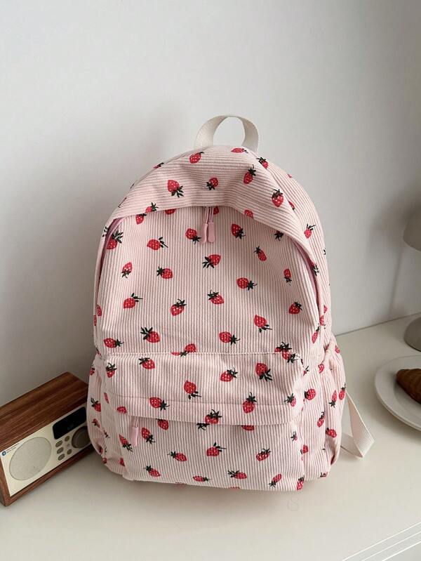 Strawberry Print Minimalist Large Capacity Backpack, Fashion Corduroy Outdoor Travel Bag