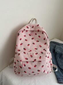 草莓印花简约大容量背包，时尚灯芯绒户外旅行包 - 粉色 - 查看 6