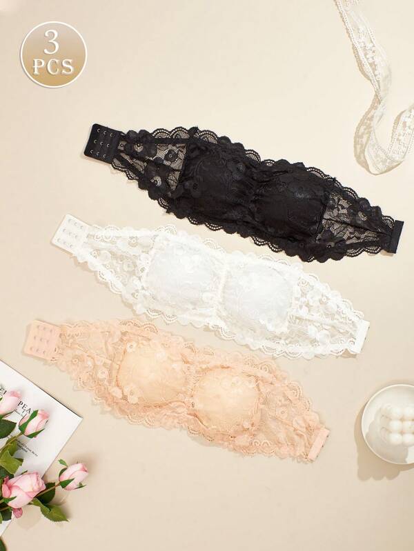 3 Pieces Of Strapless Bandeau Three-Breasted Line Circumference Sexy Lace Anti-Bare Wrap Chest Base Underwear Women, Lingerie
