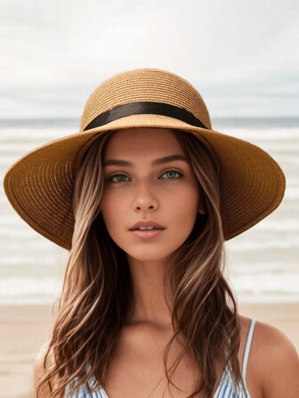 1قطعة قبعة شمسية ذات حافة عريضة للنساء للشاطئ، قبعة القش الصيفية العفوية بحماية من الأشعة فوق البنفسجية