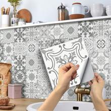 24pcs Removable Waterproof PVC Artistic Flower Tile Wall Stickers, Self-Adhesive Classic Light Gray Kitchen Anti-Oil Tile Decals, 10*10cm/15*15cm - Multicolor - View 2