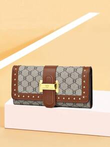 Carteira Dobrável Tripartida com Estampa Floral e Rebite, Estilo Colorblock, para Mulheres de Meia-Idade, Carteira, Carteira Longa, Porta-Cartões, Porta-Moedas, Presentes para Mulheres, Presentes Engraçados, Presentes para Professores