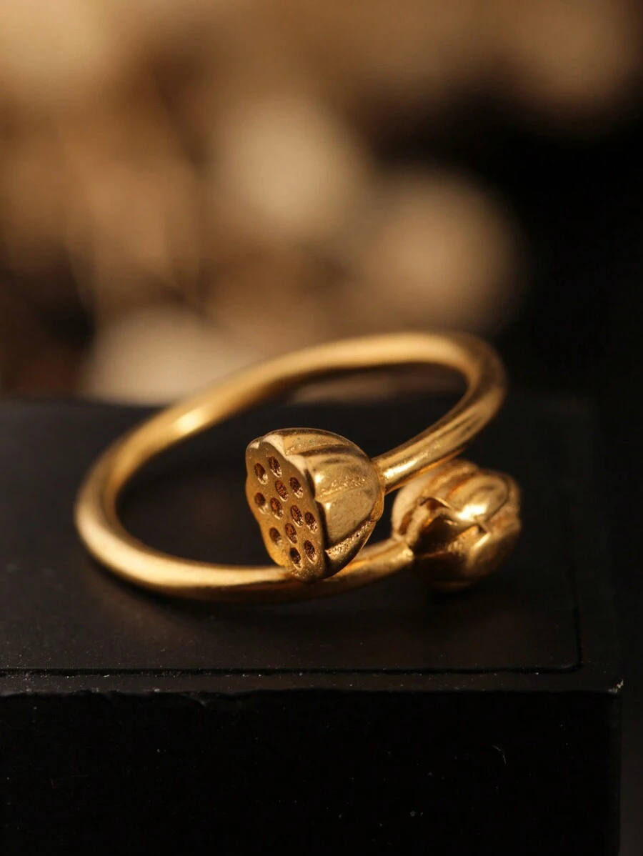 1 件中国风莲花开口戒指，奢华夸张厚戒指，优雅设计，送给女性的绝佳礼物 - 金黃色 - 查看 1