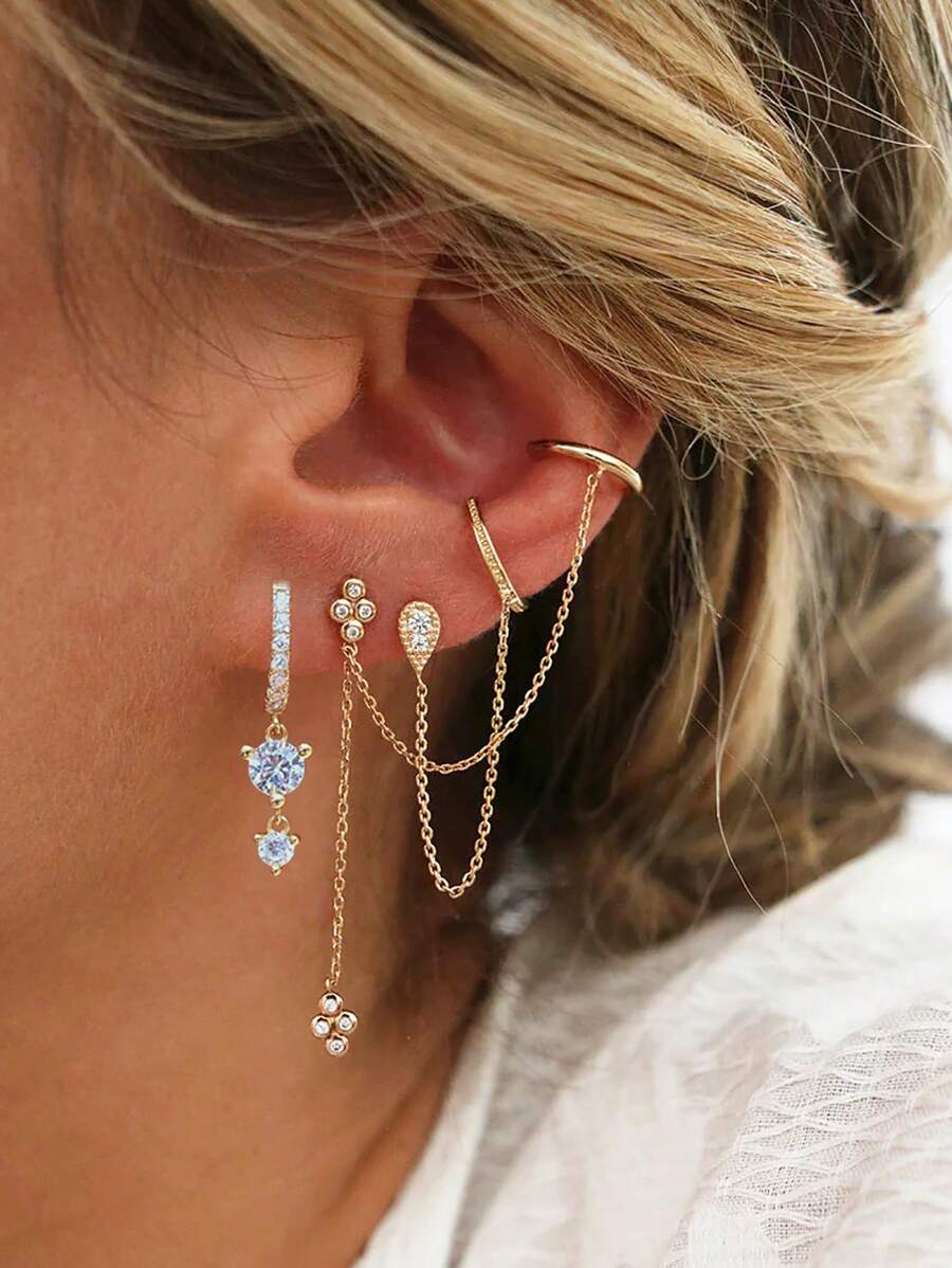 3 件精美 24K 镀金方晶锆石时尚耳钉女士锆石吊坠耳环套装 - 風格 - 查看 1