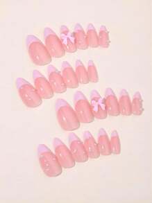 24 piezas de uñas postizas en forma de almendra con diseño de degradado rosa y moños rosa 3D - Perfecto como regalo de primavera y verano para mujeres y niñas, suministros para uñas - Multicolor - Ver 2