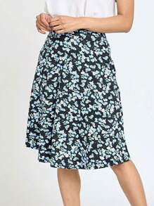 Boho Retro Knee Length Skirt Ditsy Floral - Blue and White - View 5