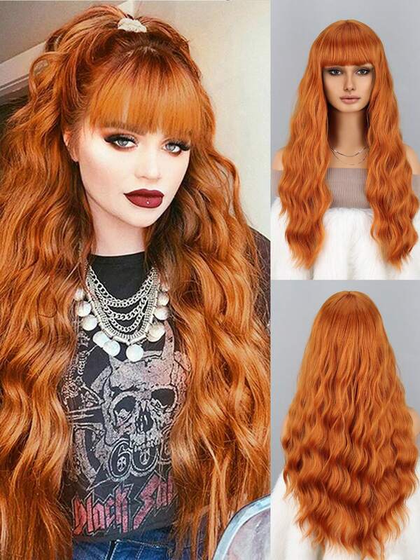 26inch Long Wavy Bangs Curly Wig For Everyday, Party, Festival Wear