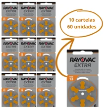 60 Baterias / Pilhas para Aparelho Auditivo RAYOVAC - tamanho 13 - selo LARANJA