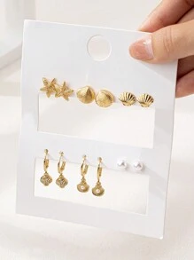 6pairs Elegant Ocean Themed Shell & Starfish Faux Pearl Earring Sets For Women, Jewelry Gift - Yellow Gold - View 1