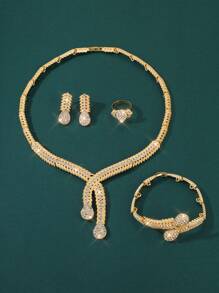 5件套沙特国庆节奢华夸张金色水钻镶嵌树叶设计项链、耳环、戒指、手链套装，适合女士婚礼派对佩戴 - 金黃色-6 - 查看 3