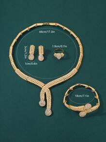 5件套沙特国庆节奢华夸张金色水钻镶嵌树叶设计项链、耳环、戒指、手链套装，适合女士婚礼派对佩戴 - 金黃色-6 - 查看 4