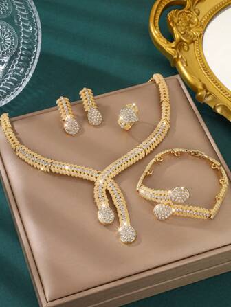 5 件/套沙特国庆节奢华夸张金色水钻镶嵌叶子设计项链、耳环、戒指、手链套装适合女士婚礼派对