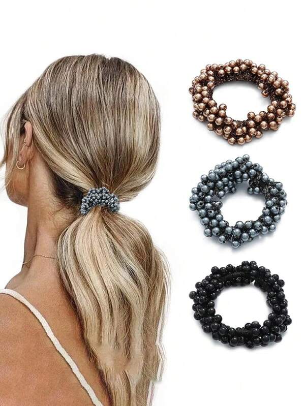 3pcs Set Dark Brown & Brown Full Beaded Pearl Headband, Delicate Faux Pearl Hair Scrunchie Hair Accessories