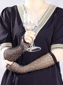 2pcs Women's 1980s Neon Street Party Punk Rhinestone Fishnet Fingerless Gloves With High Elasticity, Suit For Halloween, Festival, Mother's Day Gift