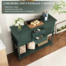 Console Table With 2 Drawers, Retro Entryway Table With 2 Door Cabinets And Open Storage Shelf, Narrow Long Sofa Table, Behind Couch Table For Living Room, Foyer And Hallway - màu xanh lá - Xem 4