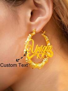 Custom Name Bamboo Hoop Earrings, Fashionable 7cm Oversized Round Shaped Bamboo Earrings For Women, Personalized Gold Color Letter Heart Pattern Hoops, Party Jewelry Gift For Girlfriend Or Couple - Gold - View 1