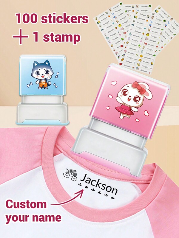 100pcs Name Stickers And 1pc Cartoon Name Stamp For Clothing Kids Waterproof Name Stamps Back To School Supplies For Kids, Personalized For Students And Business Use,Custom Name Stamp For Clothing,Handwritten Signature Stamp, Name Lable,DIY Customized Cartoon Self Inking Name Seal Stamp For School Student Personalized Stationery Gift