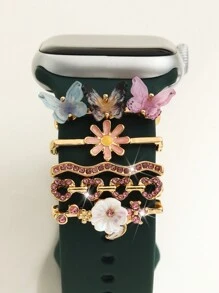 5pcs Cute 3D Floral Alloy Watch Band Buckle With Rhinestone Wave Heart Smartwatch Bands Accessories, Watch Band Not Included - Gold - View 3