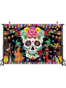 TYFYO 亡灵节背景墨西哥亡灵节背景狂欢节糖头骨摄影万圣节派对背景，圣诞节 - 彩色 - 查看 3