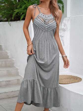 Fashionable Casual Spaghetti Strap Patchwork Hollow Out A-Line Maxi Solid Color Dress
