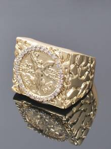 1pc 14k Golden Plated Imitation Gold Copper Ring,50 Peso Cubic Zirconia Mexican Commemorative Coin Ring,Golden Nugget Ring Men's Holiday Gift For Men - Yellow Gold - View 4