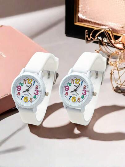 2pcs Creative Colorful Numeric Dial Fashion Quartz Watches, Suitable For Holiday And Birthday Gifts