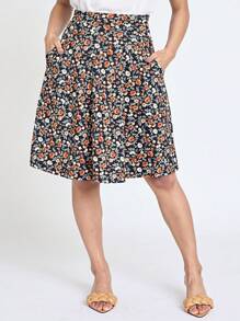 Boho Retro Knee Length Skirt Ditsy Floral - Orange - View 1