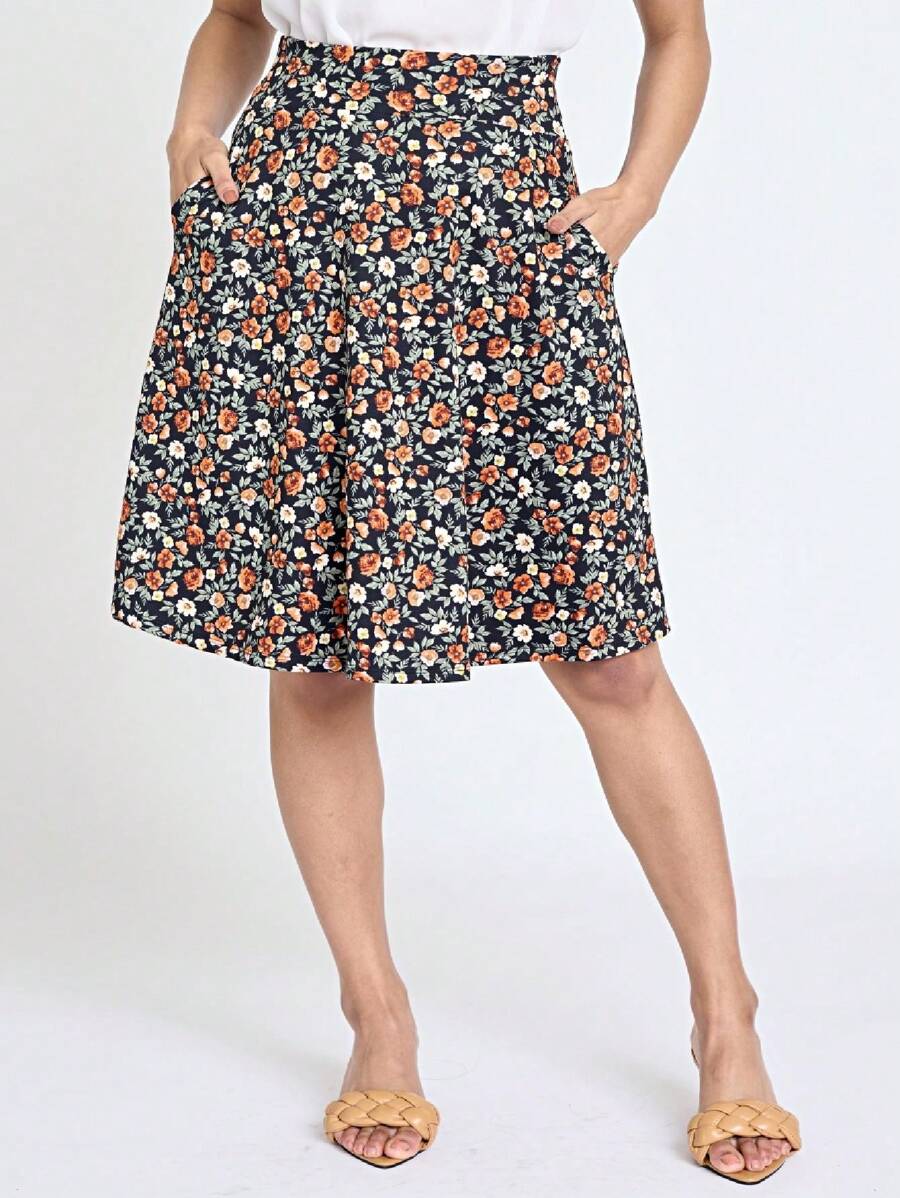 Boho Retro Knee Length Skirt Ditsy Floral - Orange - View 1