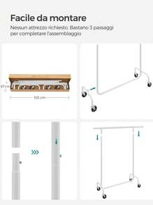 SONGMICS Appendiabiti con Rotelle, Portabiti per Carico Pesante, con Barra Estensibile, Portante di 130 kg, Binario per Appendere Vestiti, in Metallo, Cromato,Bianco Opaco, Ritorno a Scuola
