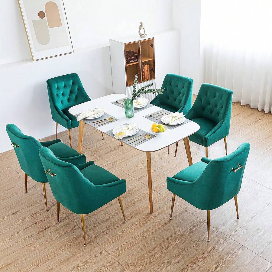 LONXIU Dining Chair Set Of 6 With Thick Velvet Fabric Padded Seat, Metal Legs, Kitchen Chair Modern Design, For Kitchen Dining Room, Living Room, Bedroom - màu xanh lá - Xem 1