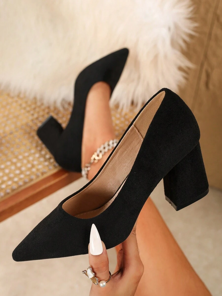 Fall/Winter Plus Size Women's Thick Heel Dress Shoes High Heels Fashion Versatile Party Wedding Pumps 2024 New Black Suede, Elegant