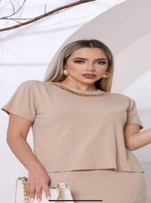 Midi Skirt And Cropped Blouse With Necklace Women's Short Sleeve Fashion Set - 米色 - 查看 3