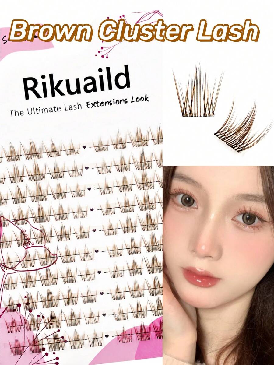 100 Cluster Lashes Brown Individual Eyelash Manga Eye Effect Cat Eye Color Lashes Natural Curl Fluffy Lash Extensions DIY At Home - D - View 1