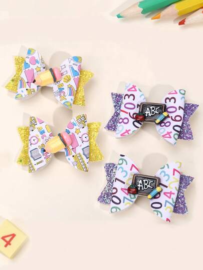 4pcs Back To School Hair Bows Girls,Fabric Alligator Bow Hair Clips,Pencil Blackboard Hair Accessories For Students Hair Decor