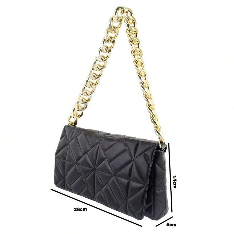 CHICK FASHION QUILTED BAG WITH THICK GOLD CHAIN - 黑色 - 查看 1