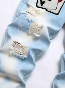 Jeans slim dritti con ricamo a poker color blu chiaro consumato, stile europeo e americano, per uomo