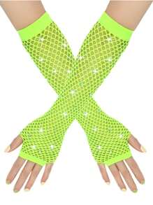2pcs Women's 1980s Neon Street Party Punk Rhinestone Fishnet Fingerless Gloves With High Elasticity, Suit For Halloween, Festival, Mother's Day Gift