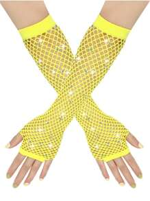 2pcs Women's 1980s Neon Street Party Punk Rhinestone Fishnet Fingerless Gloves With High Elasticity, Suit For Halloween, Festival, Mother's Day Gift