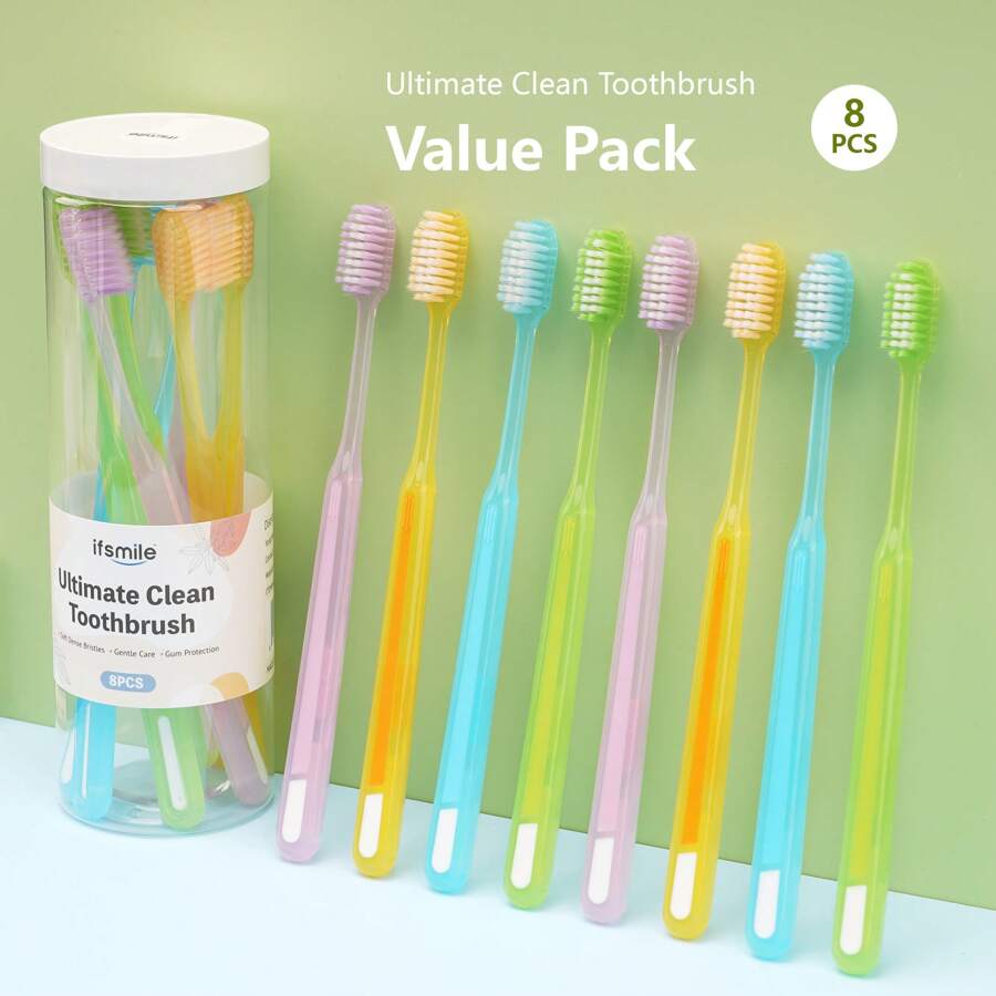 8pcs/Pack Transparent Handle Soft Bristle Adult Toothbrush, Bulk Retail Pack - Multicolor - View 1