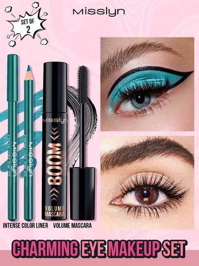 Misslyn 迷人眼妆套装，2 件套，浓密彩色眼线笔，奶油色，眼影和眼线笔，可削尖眼线笔，超级着色，可混合，无动物实验，光滑，持久，高度着色，不晕染，顺滑柔软滑动。Boombastic 丰盈睫毛膏，黑色丰盈和长度可水洗构建睫毛膏，可构建和去除配方，易于清洗和去除，加长和丰盈，打造全扇形效果，纯素，无麸质，无动物实验，丰盈，加长，不结块，定义，卷曲，繁殖，无限长度，持久，丰盈效果，不晕染，定义睫毛，高色素