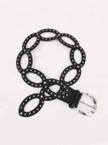 Hershine 1 pezzo Cintura stile country western nero vintage con fibbia ovale cava e rivetti, accessorio per abiti adatto all'uso quotidiano - nero - Visualizzare 2