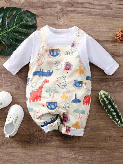 1pc Apricot Cartoon Dinosaur Print Long Sleeve Baby Romper Jumpsuit, Spring/Fall